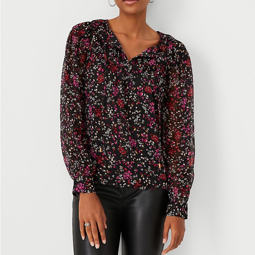 Shimmer Floral Cutout Tiered Yoke Top - Small